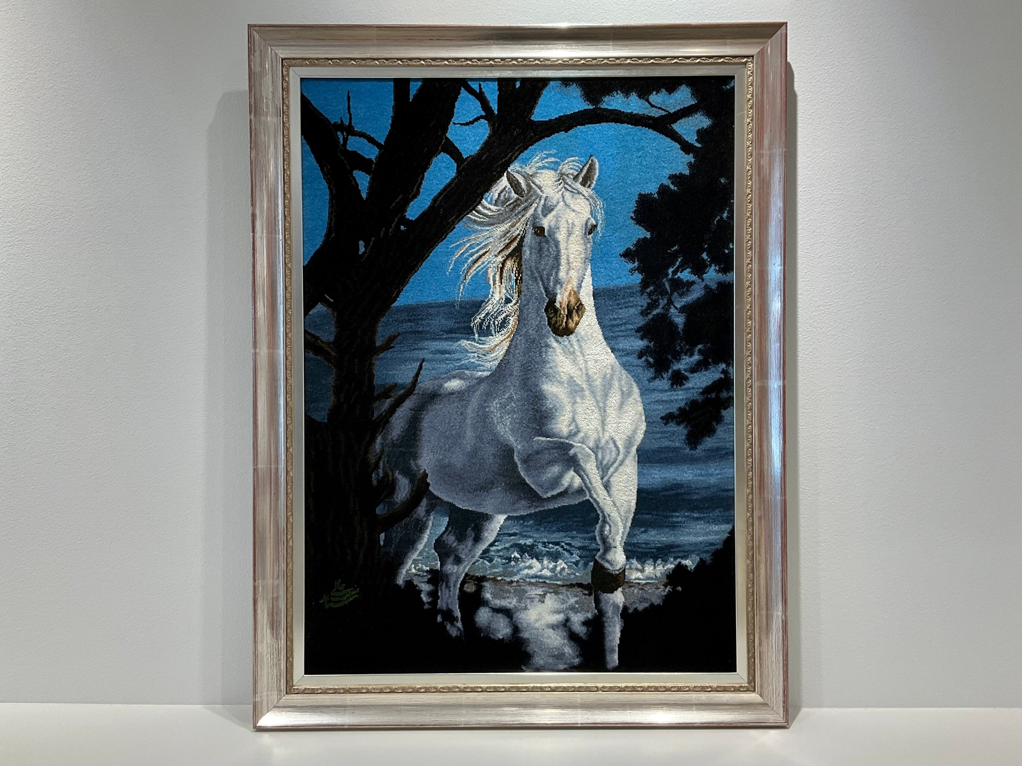 タブリーズ ペルシャ絨毯 クムシルク100% 馬絵額装 - 美術品 